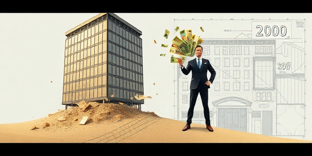 Una ilustración conceptual y satírica. Un edificio de oficinas moderno que se deshace como si fuera de arena, mientras una mano invisible con un traje caro añade billetes de euro en los cimientos. Al lado, un plano arquitectónico con números que cambian mágicamente. Estilo editorial de revista financiera, colores sobrios con contrastes fuertes en dorado y gris.