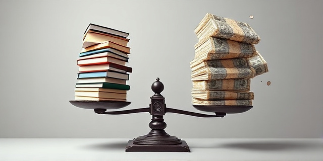 Una ilustración satírica donde se ve una balanza antigua. En un plato, un montón de libros escolares y tabletas digitales que se elevan hacia arriba porque pesan poco. En el otro plato, que cae con fuerza, un fajo enorme de billetes y sellos oficiales de gobierno que aplastan la balanza. Estilo editorial de revista política, colores contrastados, fondo minimalista.