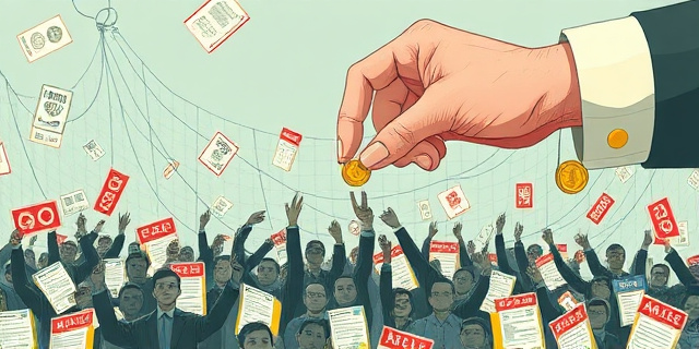 Una ilustración conceptual y satírica que muestre una mano gigante y burocrática entregando una moneda pequeña a una multitud de personas atrapadas en una red de pesca hecha de formularios oficiales y sellos administrativos. Estilo editorial de periódico, colores fríos y contrastados, atmósfera de dependencia y burocracia.