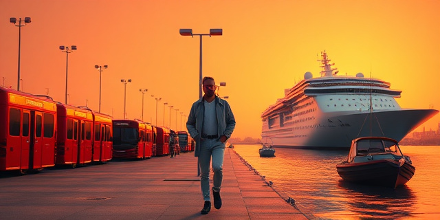 
  Una escena surrealista en un puerto canario al atardecer. A la izquierda, un muelle con autobuses militares rojos de la UME y agentes con trajes NBQ de astronauta, posando para fotos. Al centro, un psicólogo camina por la acera con un traje de protección colgando de la mano como un abrigo usado, mirando al horizonte con indiferencia. Al fondo, un crucero anclado con guardarratas rotos colgando como adornos navideños baratos. En el agua, un cayuco pequeño y precario flota a la deriva, ignorado por las autoridades. El cielo tiene un tono anaranjado dramático, como en una película de catástrofes mal dirigida. Sin texto, solo atmósfera de caos organizado.
