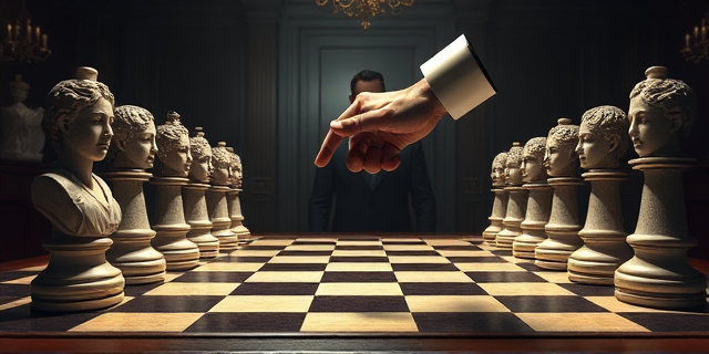 Una ilustración conceptual y satírica. Un tablero de ajedrez donde las piezas son bustos de piedra representando la justicia y la ley, pero algunas piezas están siendo movidas por una mano invisible que viste un traje elegante de oficina. El fondo es un despacho gubernamental oscuro y opulento, con un ambiente de tensión y sombras, estilo arte editorial de revista política.