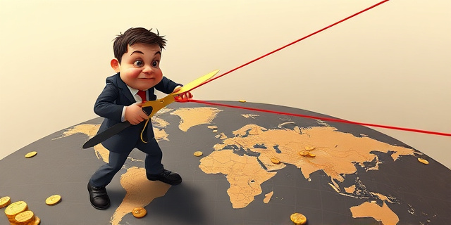 Una ilustración conceptual satírica. Un hombre con traje futurista y expresión infantilmente enfadada sostiene unas tijeras gigantes de oro, cortando un hilo rojo que sostiene una red de seguridad sobre un mapa global. Debajo, el suelo es de monedas de oro, pero el mapa muestra zonas oscuras y grietas. Estilo editorial de revista política, colores contrastados, atmósfera cínica.