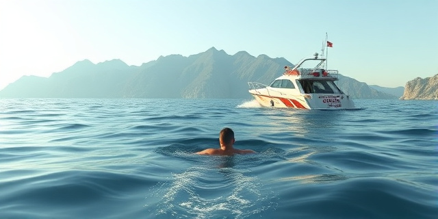 Una imagen de una persona nadando en el mar, con una costa montañosa al fondo, y una embarcación de la Guardia Civil acercándose para rescatarla.