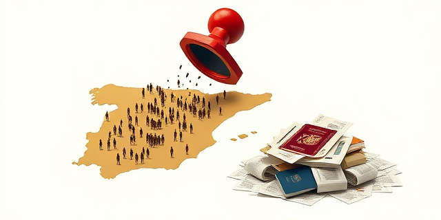 Una ilustración satírica y conceptual. Un sello oficial gigante de caucho cayendo sobre un mapa de España, pero el sello está roto y deja pasar miles de siluetas humanas pequeñas y transparentes. Al lado, una pila de tiques de supermercado y documentos falsos transformándose en pasaportes dorados. Estilo editorial de periódico, colores contrastados, fondo minimalista.