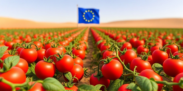 Un campo de tomates en Marruecos con una bandera de la Unión Europea al fondo