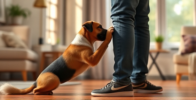Imagen de un perro apoyando su pata sobre la pierna de su dueño en un ambiente hogareño