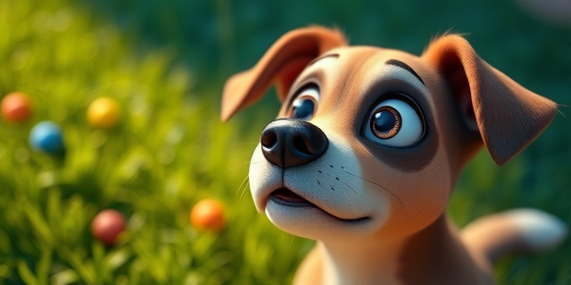Un perro con ojos curiosos observando un entorno colorido con tonos azules y amarillos, resaltando la diferencia de visión, con un fondo de césped verde y objetos contrastantes, estilo artístico y conceptual, sin rostros específicos ni texto.