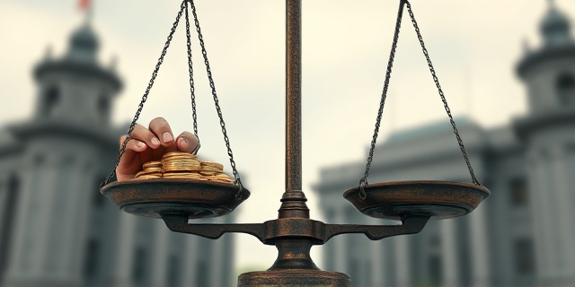 Una balanza antigua, oxidada, con una mano llenando un lado con monedas de oro y la otra, vacía, representando a un pequeño emprendedor con un gesto de desesperación. Fondo difuminado con edificios gubernamentales imponentes y grises. Estilo pictórico barroco, con luces y sombras dramáticas.