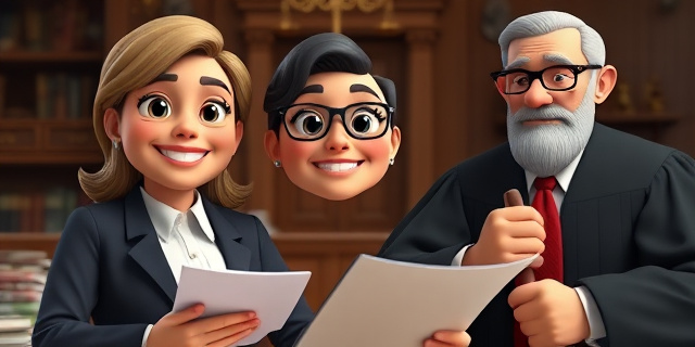 Una abogada del Estado con una sonrisa de oreja a oreja, rodeada de papeles y documentos, con un fondo de un tribunal de justicia. Al lado, un juez con gafas y una expresión seria, con un martillo en la mano.