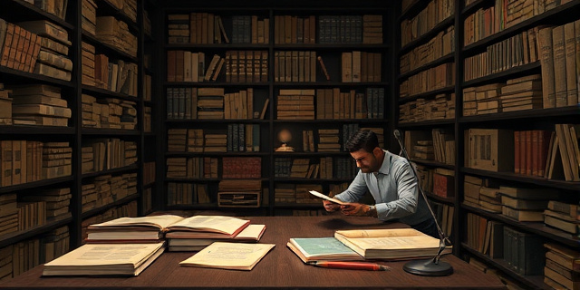 Una imagen de un archivo con documentos antiguos y una persona investigando en una mesa de madera oscura, con una lámpara de pie al lado