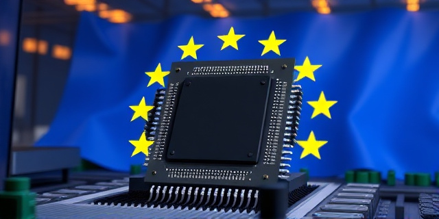 Una imagen de una fábrica de chips con una bandera europea al fondo, simbolizando la soberanía digital