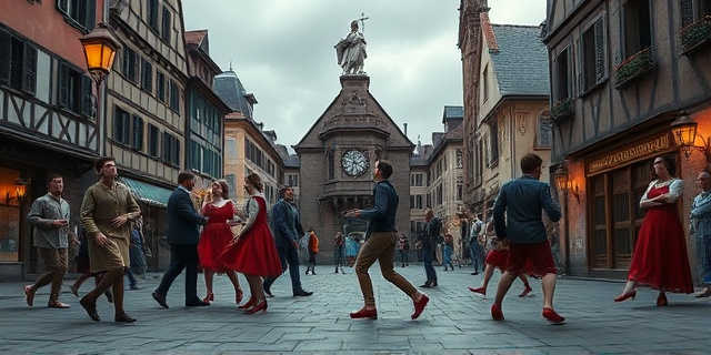 Una escena de la calle de Estrasburgo en 1518, con hombres y mujeres de la época bailando en una plaza, con música medieval, luces de lámparas de aceite y una estatua de un santo al fondo. El ambiente es caótico, los bailarines presentan zapatos rojos y el cielo está nublado, sin rostros reconocibles, estilo de pintura renacentista con toques de surrealismo.