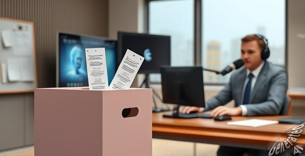 Una imagen de una urna de votación con papeletas manipuladas y un empresario hablando en un estudio de radio.