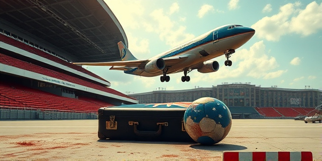 Una ilustración satírica de un avión presidencial aterrizando en un estadio de Nueva York, mientras en la distancia se ve una maleta olvidada y llena de polvo con una bandera de Australia y un balón de fútbol femenino. Estilo editorial de revista, colores contrastados, atmósfera de ironía política.