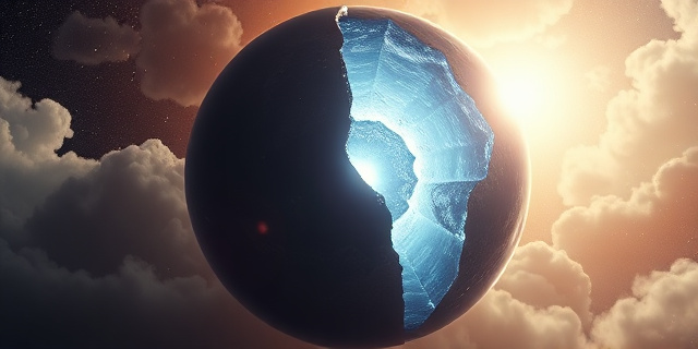 Una ilustración conceptual de un planeta gigante gaseoso partido a la mitad como si fuera una fruta, revelando un núcleo de hielo cristalino y brillante en lugar de roca, rodeado de nubes de gas etéreo y polvo cósmico, estilo arte digital detallado y cinematográfico.