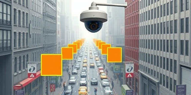 Una ilustración conceptual de una calle bulliciosa de Nueva York vista desde una perspectiva cenital y fría. Sobre los peatones y coches flotan cuadros de colores fluorescentes (estilo reconocimiento facial) que los etiquetan como datos. En la esquina superior, un sensor metálico y minimalista observa todo con un ojo digital, mientras que el resto de la ciudad está en tonos grises y apagados, simbolizando la deshumanización de la vigilancia urbana.
