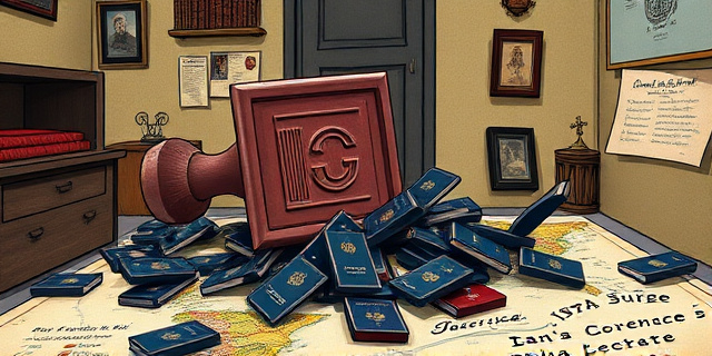 Una ilustración conceptual satírica. Un gran sello oficial de caucho golpeando un documento antiguo del siglo XIX, pero el sello tiene la forma de una urna electoral. Alrededor, una pila de pasaportes modernos cayendo como un efecto dominó sobre un mapa de España y América, estilo caricatura editorial de periódico, colores contrastados, fondo de oficina burocrática decadente.