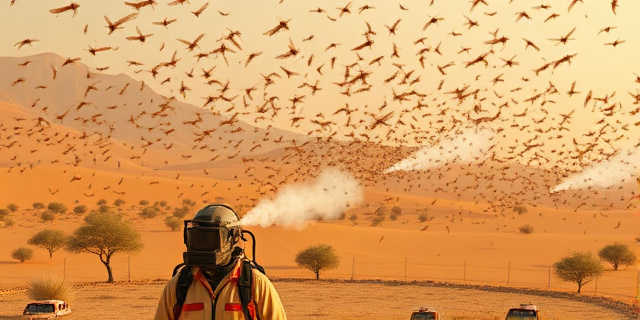 Una nube de langostas volando sobre un paisaje desértico, con un equipo de fumigación en el suelo