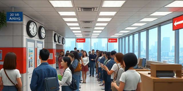 Una oficina de Correos llena de personas en fila, relojes marcando 30 minutos, empleados con papeles y formularios, luces fluorescentes, carteles de espera, el cielo urbano detrás, sin rostros reconocibles