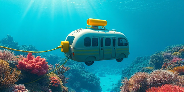 Una ilustración conceptual de un hábitat submarino con forma de autobús escolar futurista anclado en un arrecife de coral vibrante. Una boya amarilla brillante flota en la superficie conectada por un cable grueso al hábitat. Estilo artístico digital, colores saturados, atmósfera cinematográfica bajo el agua con rayos de sol filtrándose.