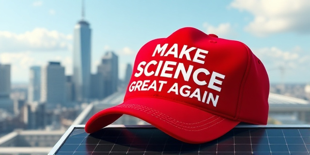 Una gorra roja, con letras blancas que dicen ‘Make Science Great Again’, apoyada sobre un fondo de un paisaje urbano con rascacielos y paneles solares. El ambiente transmite una mezcla de tecnología y mensaje político, sin rostros humanos ni logos.