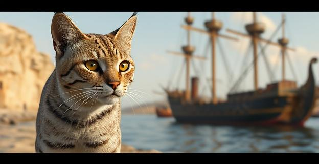 Imagen de un gato montés africano (Felis silvestris lybica) con pelaje arena y gris amarillento y rayas oscuras, junto a un barco antiguo en el puerto y rutas terrestres en el fondo