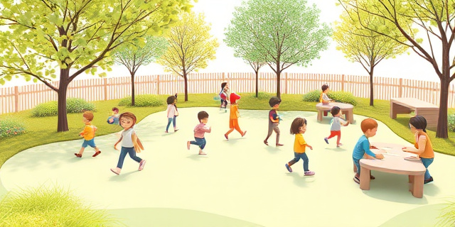 Una ilustración conceptual que represente un patio de recreo infantil con colores pastel y líneas curvas. Niños y niñas jugando en diferentes áreas, algunos con pelotas, otros dibujando, otros conversando. El ambiente debe ser inclusivo y armonioso, sin destacar a ningún niño en particular. Un sol suave ilumina la escena.