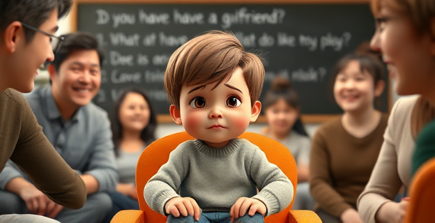 Imagen de un niño sentado en una silla, con adultos alrededor sonriendo y haciendo preguntas. El niño muestra una expresión de incomodidad y vergüenza. Al fondo, una pizarra con preguntas como 