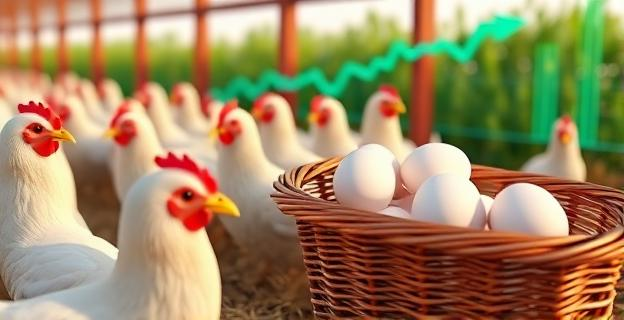 Imagen de una granja de gallinas ponedoras con huevos en una cesta y un gráfico de precios en el fondo mostrando una tendencia alcista