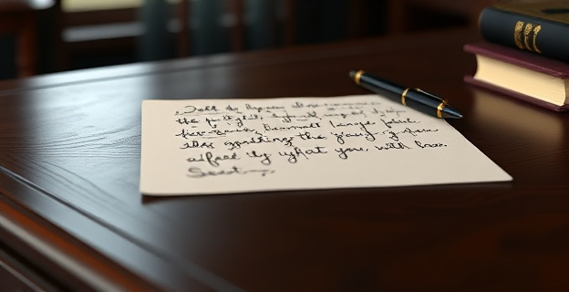 Imagen de una carta manuscrita sobre un escritorio de madera oscura con un bolígrafo al lado, en un ambiente de estudio serio y elegante.