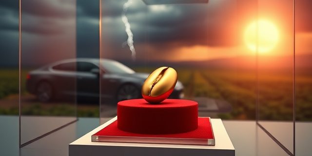 Una imagen conceptual y satírica que muestra un grano de café dorado colocado sobre un pedestal de terciopelo rojo, dentro de una vitrina de museo blindada. Al fondo, la silueta difuminada de un coche de lujo y un paisaje de plantaciones de café bajo un cielo tormentoso con rayos y sol extremo, estilo surrealista y cinematográfico.