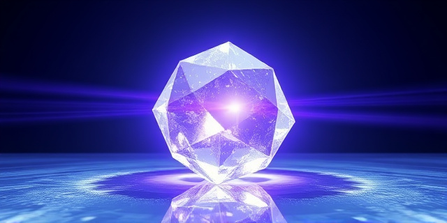 Una representación conceptual de un cristal translúcido y geométrico que atrapa rayos de luz solar blanca y los transforma en haces de color violeta eléctrico brillante. El cristal está situado sobre una superficie de agua contaminada que se vuelve cristalina al contacto con la luz. Estilo cinematográfico, hiperdetallado, con un fondo de laboratorio moderno y minimalista, iluminación contrastada.