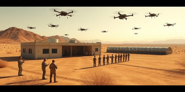 Un centro de entrenamiento militar avanzado en un paisaje árido, con drones volando en el cielo y militares de diferentes países recibiendo instrucción