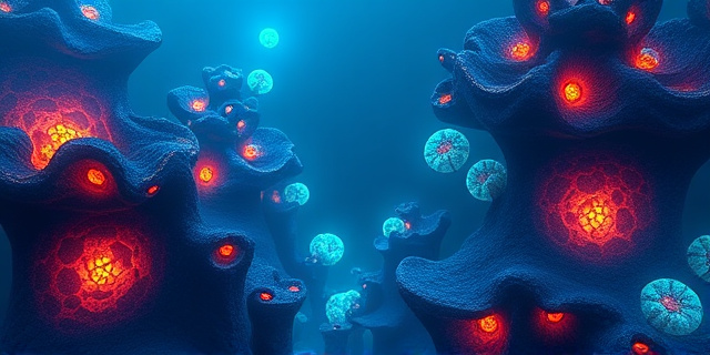 Una representación abstracta de chimeneas hidrotermales en las profundidades oceánicas, con colores bioluminiscentes y formas orgánicas que sugieren la emergencia de la vida. No hay criaturas reconocibles, solo patrones complejos y fluidos que evocan la química prebiótica y la simbiosis. Estilo artístico: biomorfismo abstracto, con influencia de la pintura impresionista submarina.