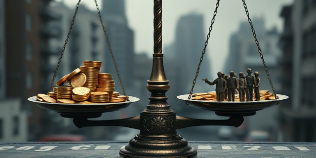 Una balanza antigua y desequilibrada. En un plato, una montaña de monedas de oro representando los 20.831 millones de euros del IMV. En el otro plato, un grupo de figuras humanas pequeñas y desvaneciéndose, simbolizando la precarización laboral. El fondo es un paisaje urbano gris y difuminado, con una luz tenue y melancólica.