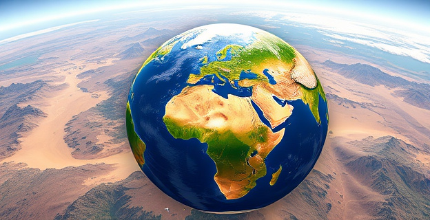 Imagen de un paisaje con diferentes zonas climáticas: desierto, bosque y hielo, mostrando la diversidad de ecosistemas y microclimas. Visualización de datos satelitales superpuestos en un globo terráqueo resaltando patrones climáticos asincrónicos.