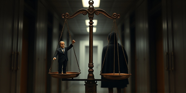 Una balanza de la justicia oxidada y desequilibrada, con una marioneta vestida con un traje de político tirando de los hilos de una figura sombría. El fondo es un laberinto de pasillos burocráticos con puertas cerradas y sombras alargadas. Estilo pictórico realista con toques de expresionismo.