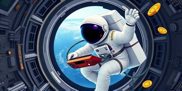 Una ilustración satírica de estilo editorial. Un astronauta flotando en la Estación Espacial Internacional, vestido con un traje blanco impecable, pero sosteniendo una consola de videojuegos retro con cables que se pierden en la complejidad de la nave. Al fondo, a través de la ventana, se ve la Tierra, mientras que alrededor del astronauta flotan píxeles de videojuegos clásicos y monedas de oro digitales, simbolizando el gasto excesivo. Colores vibrantes contrastados con el negro profundo del espacio.