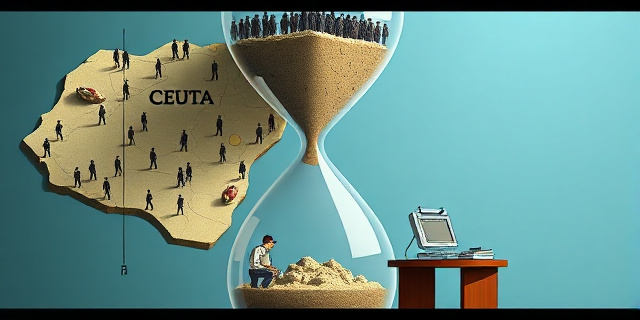Una ilustración conceptual y satírica que muestra un mapa de la ciudad de Ceuta transformado en un reloj de arena gigante, donde la parte superior está colapsada de figuras humanas esquemáticas y la parte inferior es un escritorio gubernamental vacío con un teléfono sonando, estilo editorial de periódico, colores contrastados, atmósfera de tensión y urgencia.
