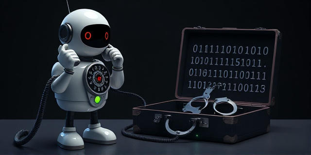 Una ilustración conceptual y satírica. Un robot moderno y minimalista sosteniendo un teléfono antiguo de disco, llamando a una comisaría. Al lado, un maletín de ejecutivo financiero abierto del que salen códigos binarios y esposas policiales. Estilo editorial de revista, colores contrastados, fondo oscuro y atmósfera de thriller corporativo.