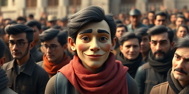 Una imagen de una persona con una máscara de hipocresía, rodeada de ciudadanos descontentos y confundidos