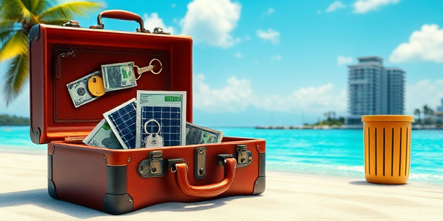 Una ilustración satírica de estilo editorial. Un maletín de cuero antiguo abierto sobre una playa paradisíaca del Caribe; dentro del maletín, en lugar de dinero, emergen paneles solares en miniatura y llaves de apartamentos de lujo con etiquetas doradas. Al fondo, una silueta de un edificio residencial moderno y ultra lujoso contrastando con una papelera de basura municipal dorada. Colores vibrantes, luz tropical, atmósfera de ironía y opulencia.
