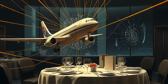 Una ilustración conceptual estilo editorial. Un avión comercial de lujo atrapado en una red de hilos dorados que conducen a una mesa de banquete elegante con platos de comida y carpetas gubernamentales. Al fondo, un muro de cristal que se agrieta, simbolizando la transparencia rota. Colores sobrios, sombras dramáticas, estilo satírico moderno.