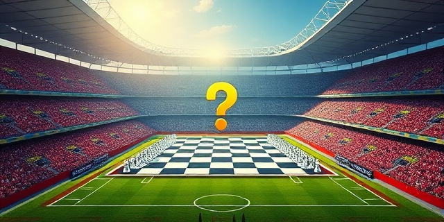 Una ilustración satírica de un estadio de fútbol dividido exactamente por la mitad. En un lado, colores masculinos y en el otro femeninos, con un tablero de ajedrez gigante sobre el césped y un signo de interrogación dorado flotando en el centro. Estilo editorial moderno, colores vibrantes, atmósfera de gran espectáculo mediático.