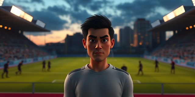 Un campo de fútbol al anochecer, luces de estadio, sombras de jugadores, una figura central con mirada introspectiva, entorno urbano, sin rostros específicos