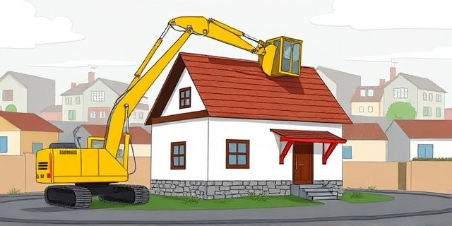 Una ilustración conceptual y satírica de una casa pequeña de pueblo donde el tejado ha sido levantado por una excavadora amarilla, dejando el interior expuesto al cielo. Estilo de caricatura editorial moderna, colores contrastados, fondo urbano portugués simplificado, sin personas reales, atmósfera de ironía política.