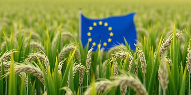 Un campo de arroz en Europa con una bandera de la Unión Europea al fondo, rodeado de toneladas de arroz importado de terceros países