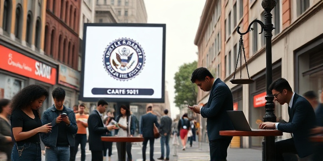 Una calle concurrida con un enorme cartel digital que muestra un sello del gobierno, rodeado de personas que revisan sus teléfonos; a un lado, una figura sombría en la esquina de un café, tecleando en un portátil. El ambiente es tenso, con documentos legales flotando en el aire y una balanza de justicia sobre un poste de luz.