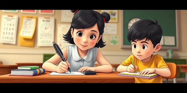 Una ilustración estilo cómic con una niña escribiendo con una pluma de tinta elegante en una mesa de madera, mientras un niño con lápiz y cuaderno de colores se queda mirando la página, con un fondo de aula con carteles de matemáticas y un reloj de pared que marca la hora de la clase.