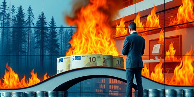 Una ilustración satírica y conceptual. En un lado, un bosque envuelto en llamas intensas; en el otro lado, un lujoso despacho gubernamental con aire acondicionado. Entre ambos mundos, un puente hecho de billetes de euro que se están quemando, mientras dos figuras anónimas de traje discuten acaloradamente ignorando el fuego. Estilo editorial de revista política, colores contrastados entre el naranja del fuego y el azul frío del despacho.